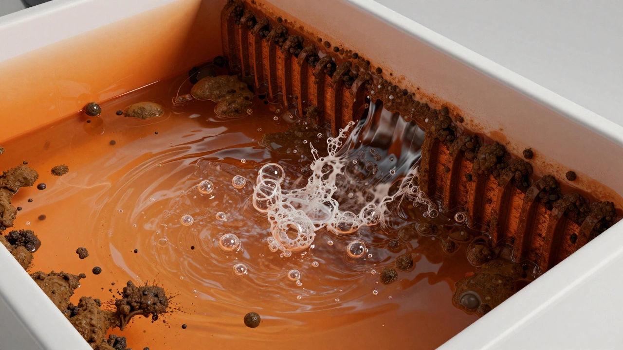 3D render of sludge and limescale buildup inside a boiler heat exchanger