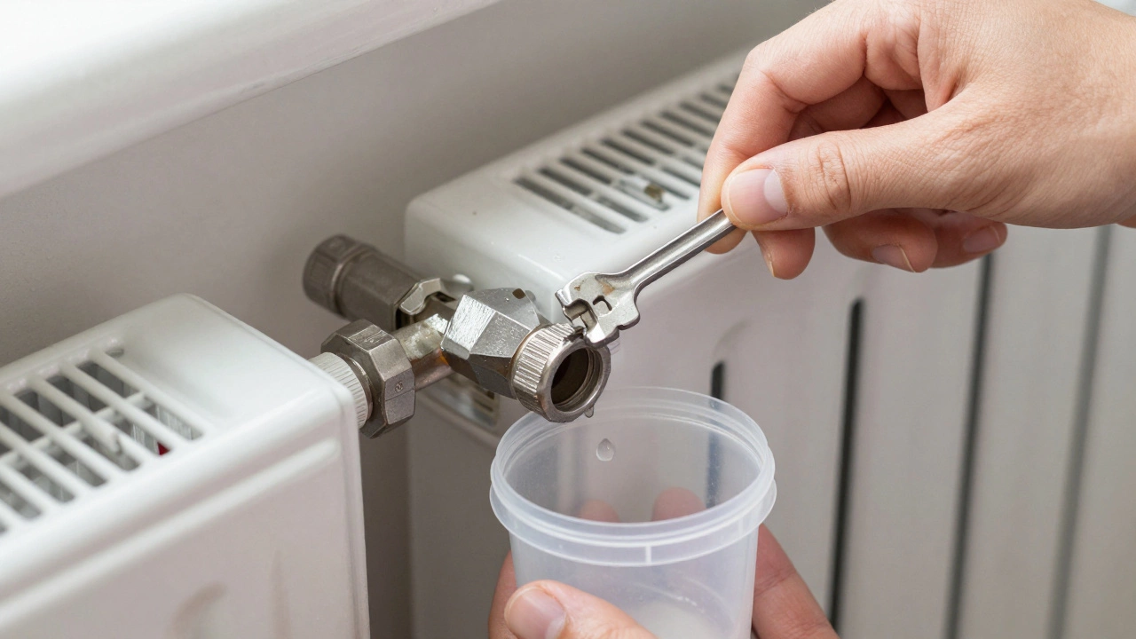 A hand using a radiator key to release trapped air from a radiator