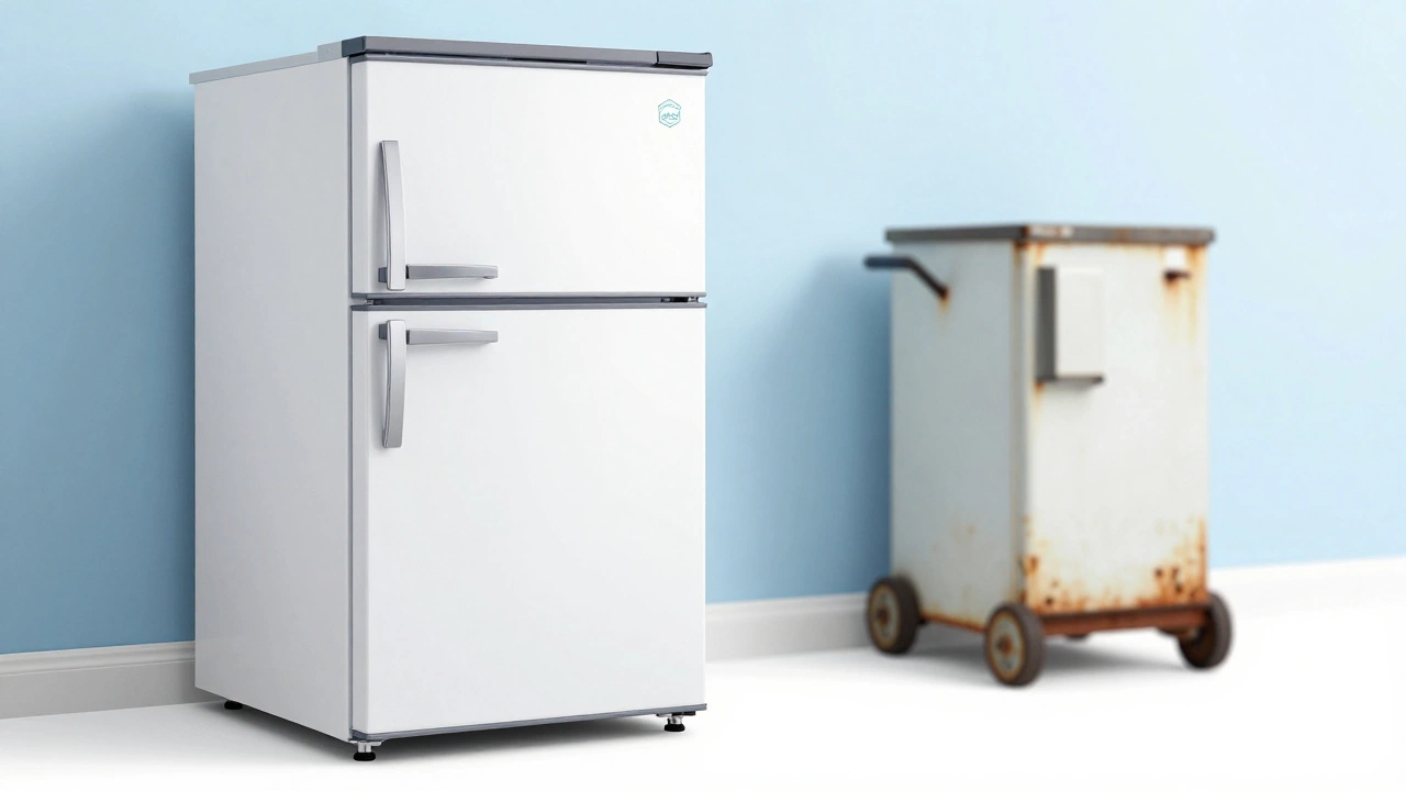 A new energy-efficient freezer standing next to an old, outdated unit.