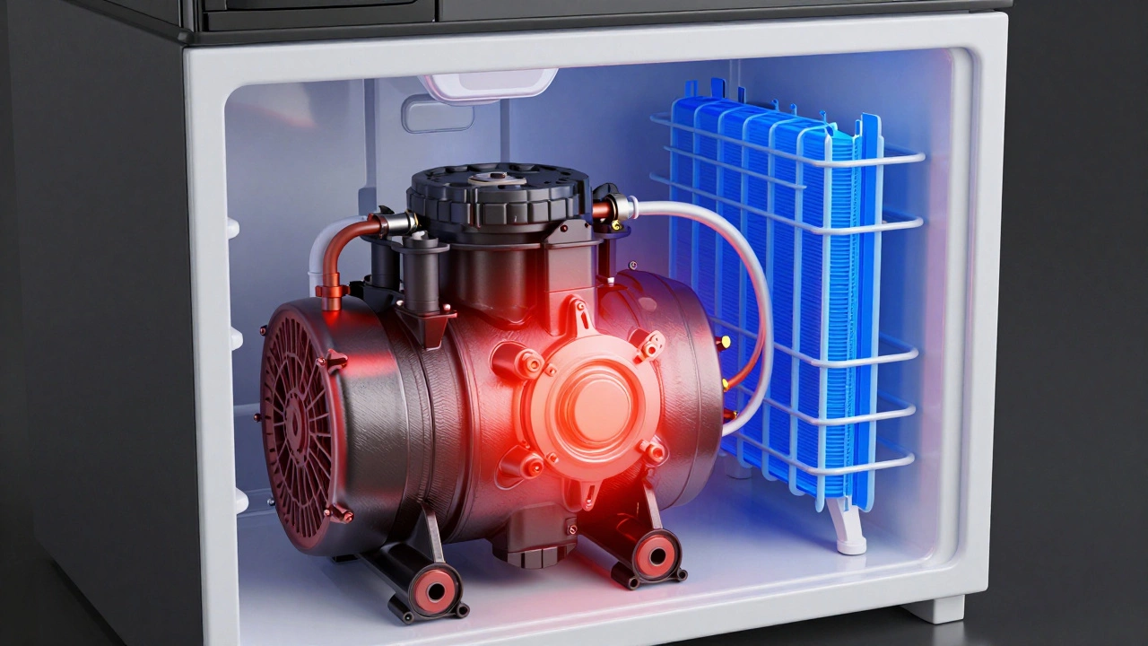A technical 3D diagram of a freezer cooling system with a highlighted failing compressor.