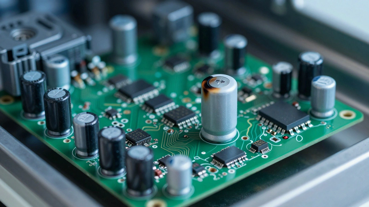Close-up of a damaged electronic control board with a burnt capacitor.