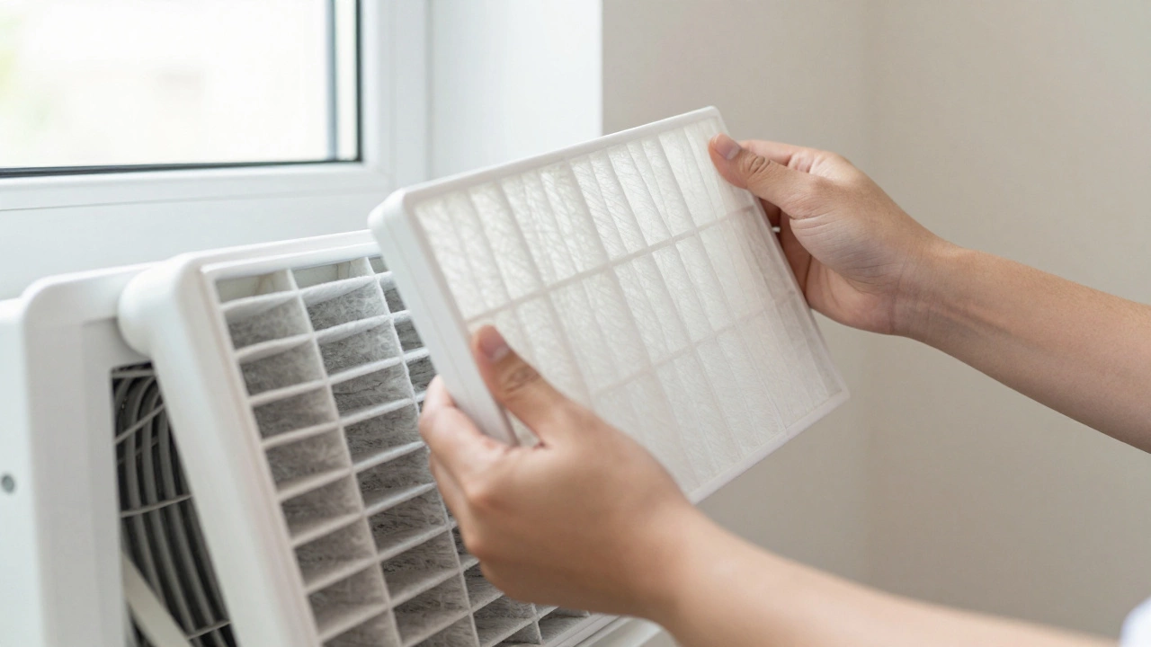 Close-up of a person replacing an HVAC air filter for system maintenance.
