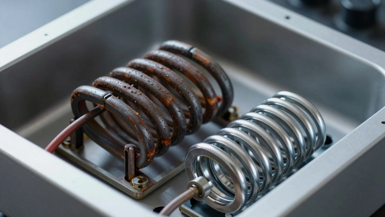 Close-up of a worn-out oven heating element next to a new replacement part.