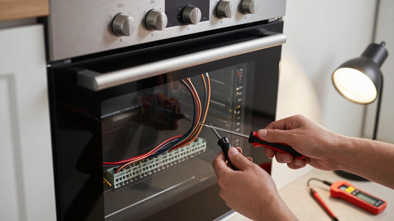 Close-up of electrical wires being connected to an oven terminal block