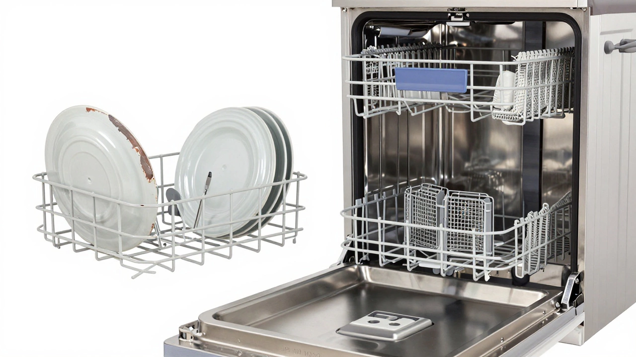 Comparison between a warped plastic dishwasher rack and a durable stainless steel tub.