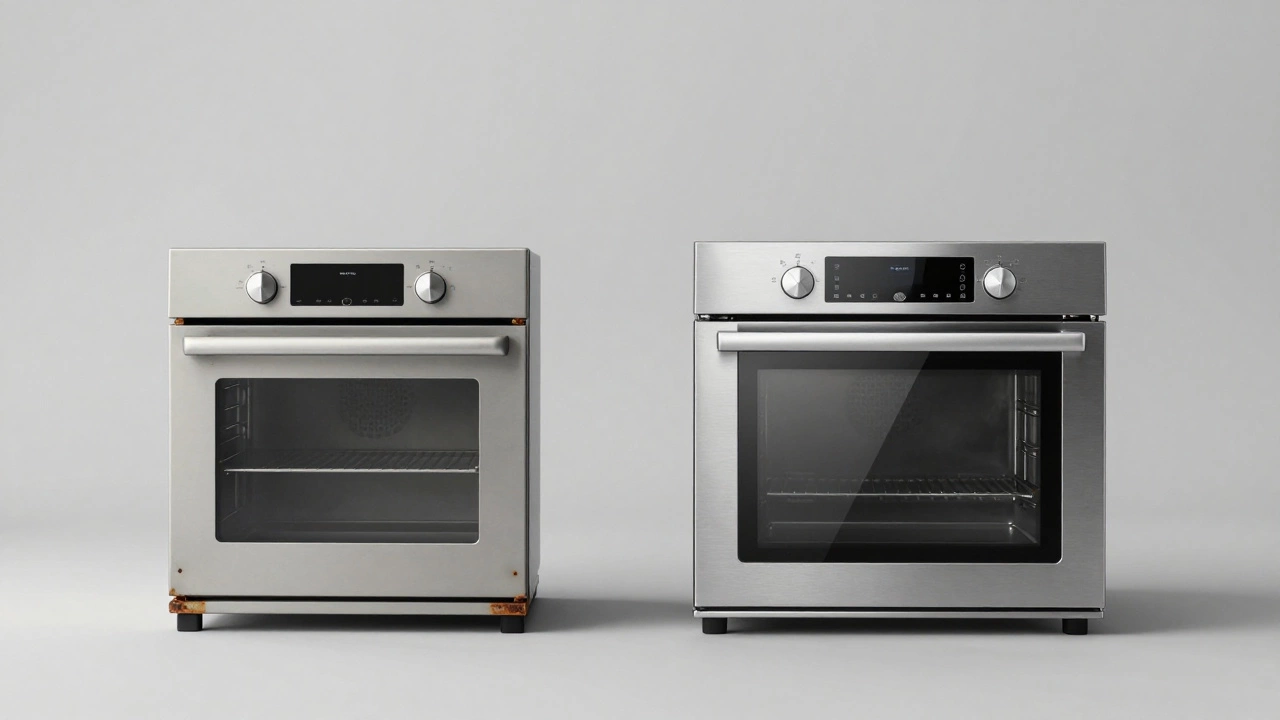 Comparison between an old, rusted electric oven and a modern energy-efficient model.