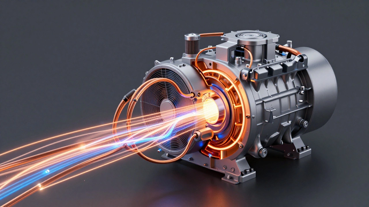 Conceptual illustration of a heat pump inverter compressor with energy flow.