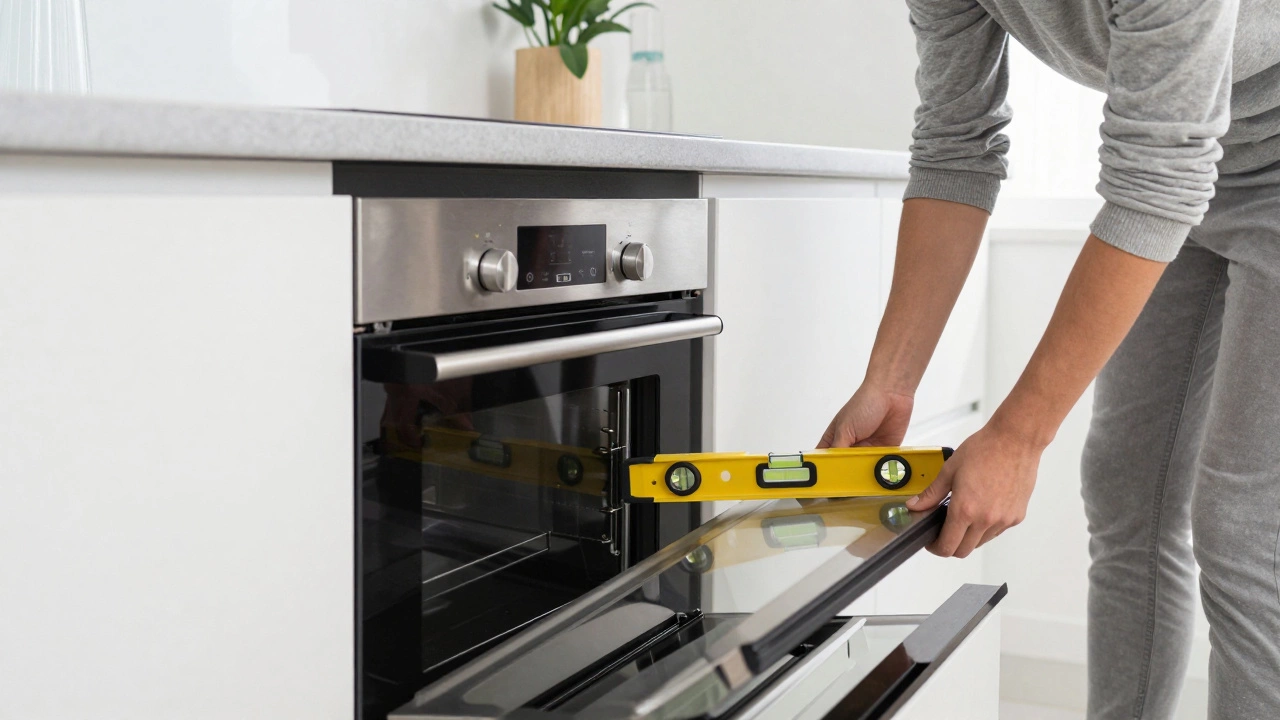 Two people installing a new stainless steel oven in a kitchen