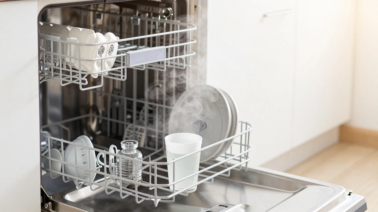 Clean empty dishwasher interior with steam and vinegar cup after successful reset