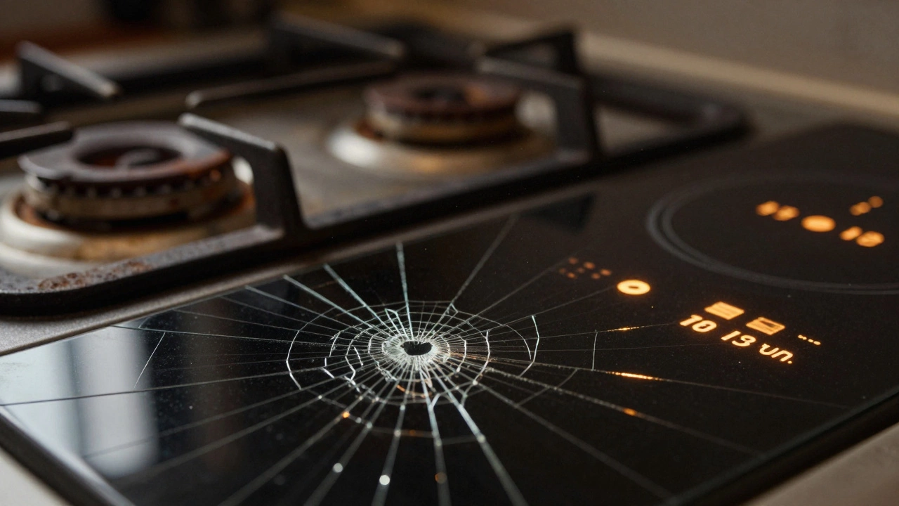 Close-up of a cracked ceramic hob and dirty gas burner showing signs of wear.