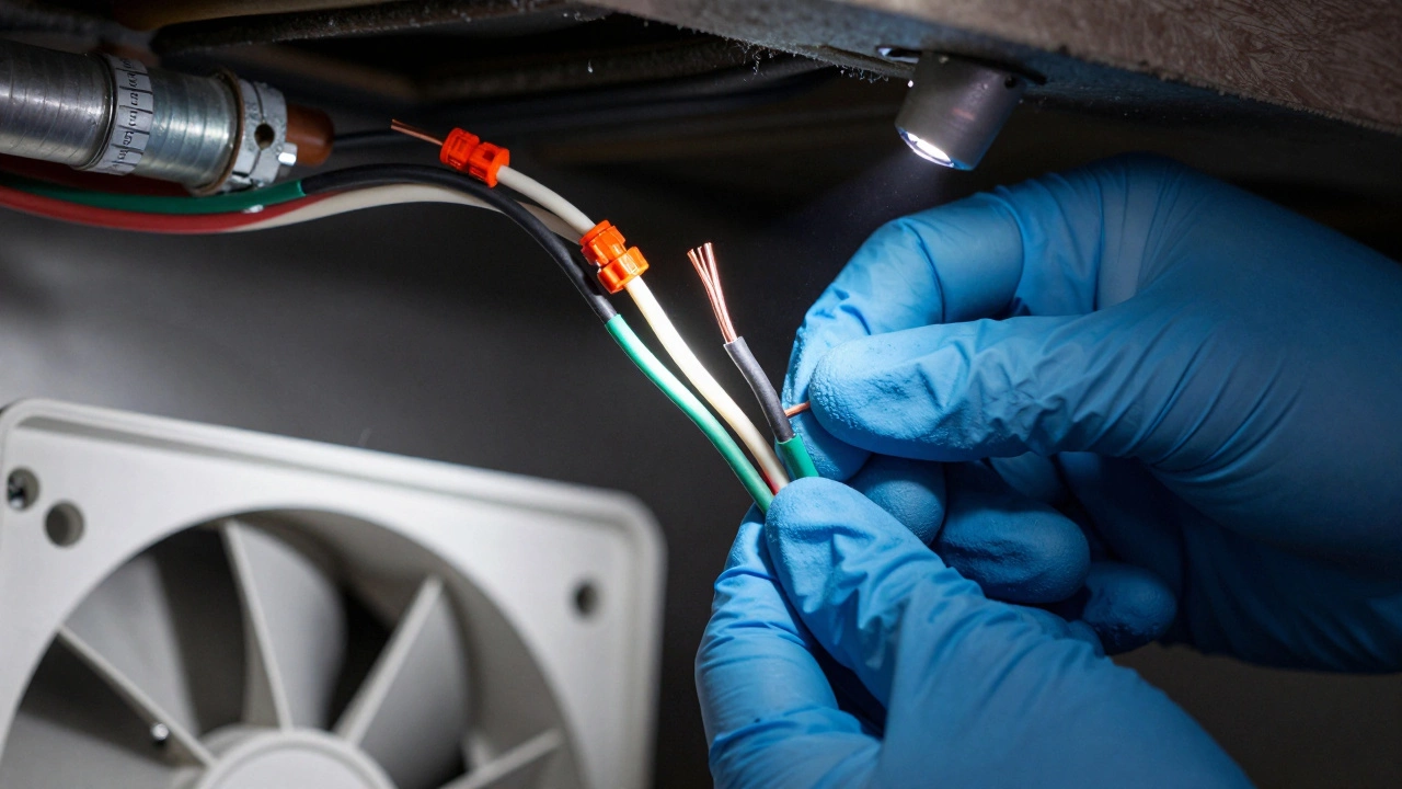 Close-up of hands connecting colored electrical wires for a new fan motor