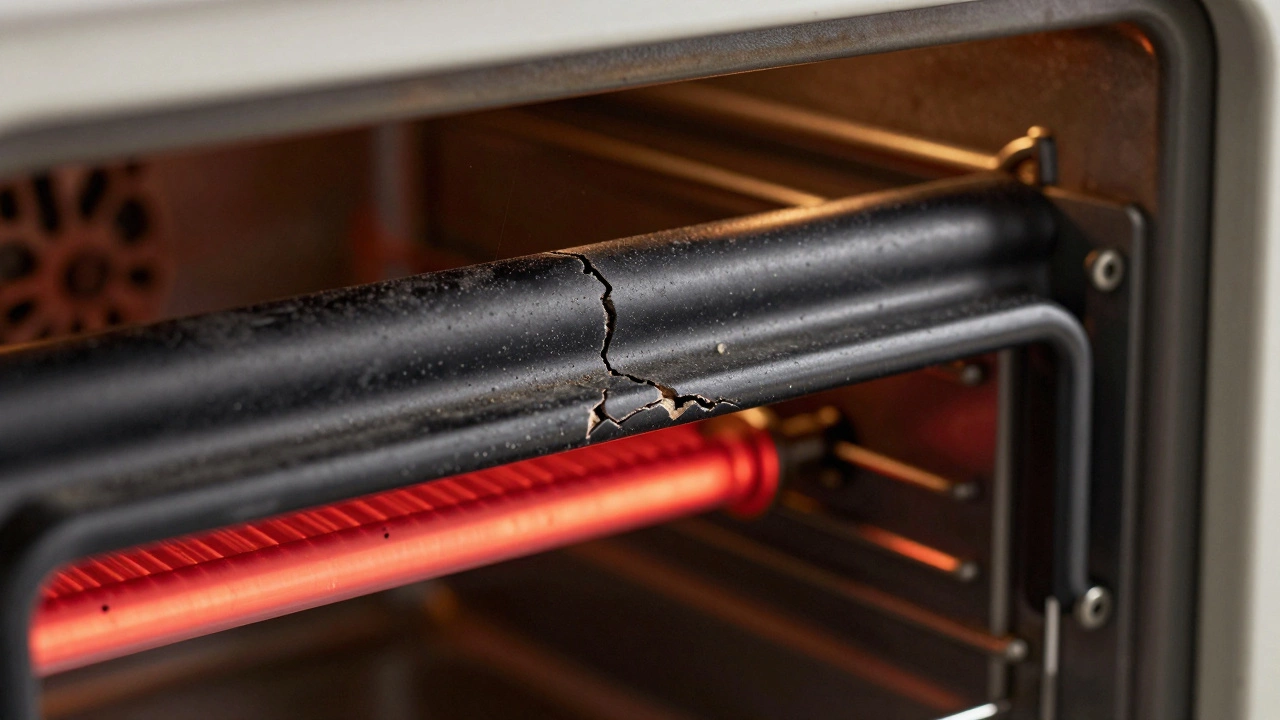 Close up of worn oven heating element and cracked door seal