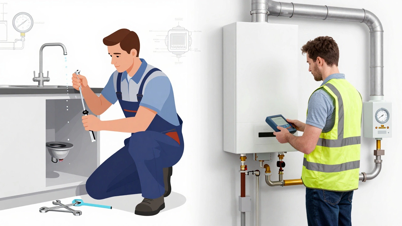 Comparison of a plumber fixing a sink vs a heating engineer checking a boiler