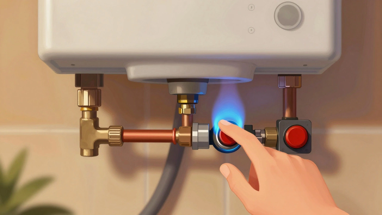 Gas water heater pilot light and red reset button close-up view