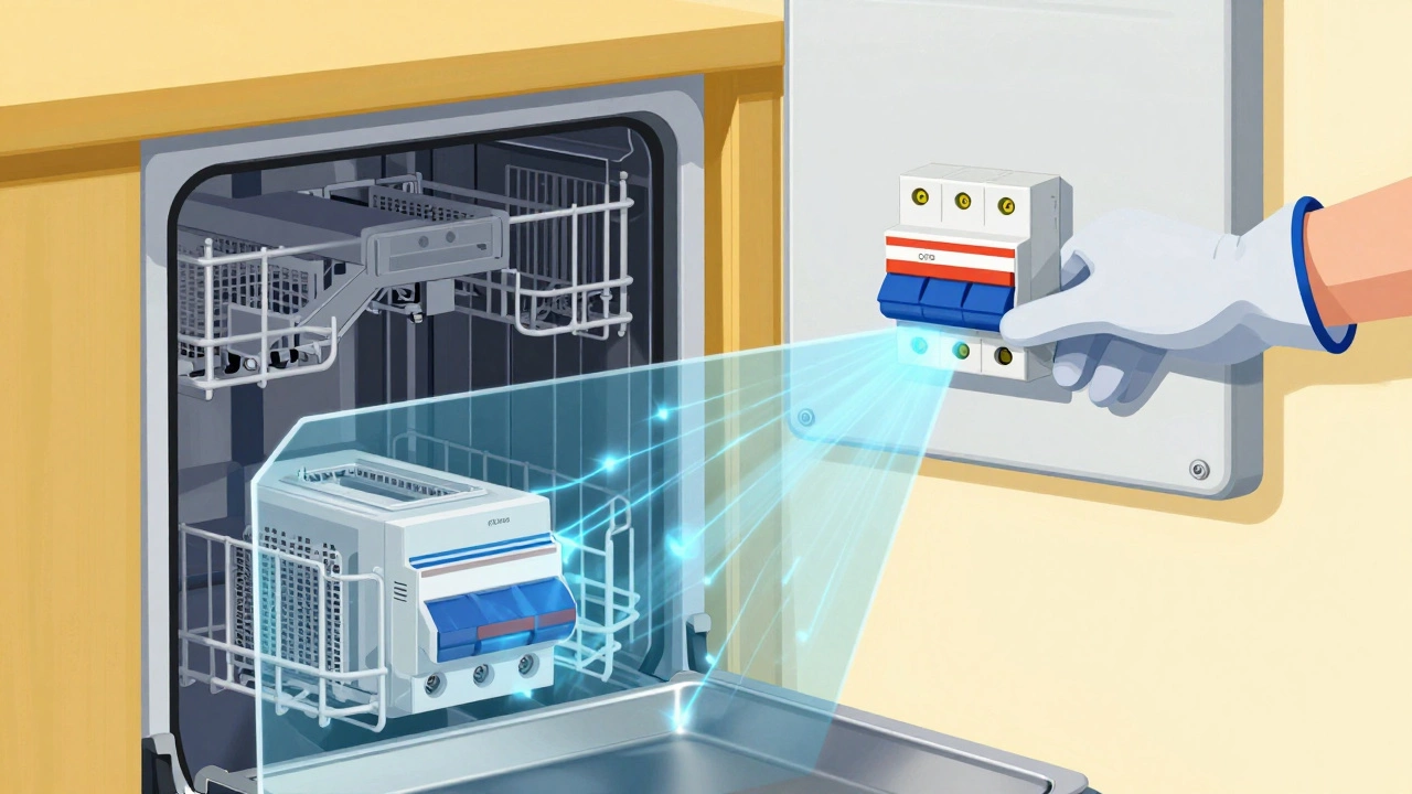 Hand flipping off kitchen circuit breaker to reset dishwasher electronics