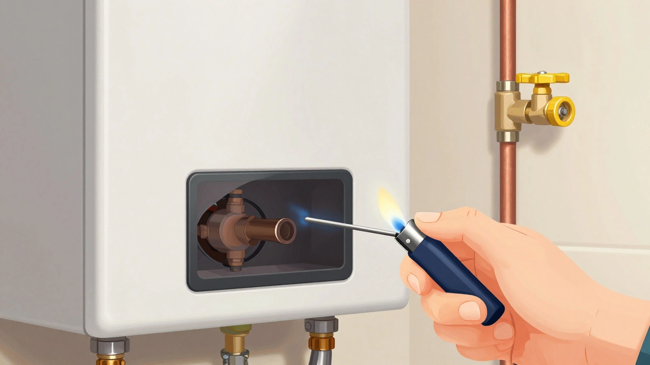 Hand relighting the pilot light on a gas water heater