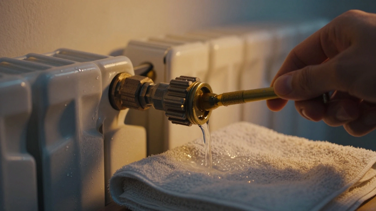 Hand using key to bleed air from a home radiator valve