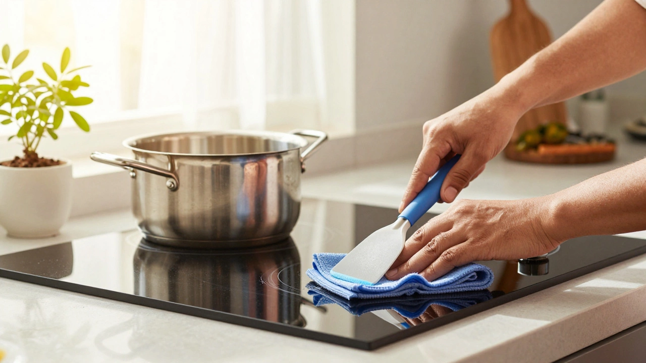 Hands cleaning a modern induction cooktop with a scraper in a bright kitchen.