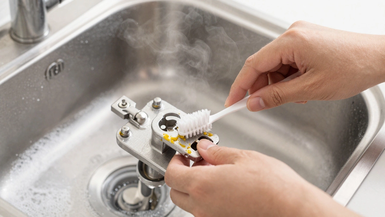 Hands cleaning pressure cooker valve with toothbrush