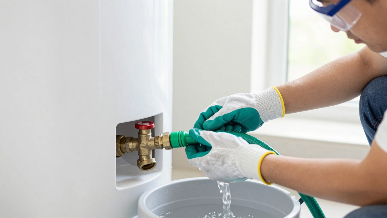 Homeowner connecting garden hose to water heater drain valve for flushing