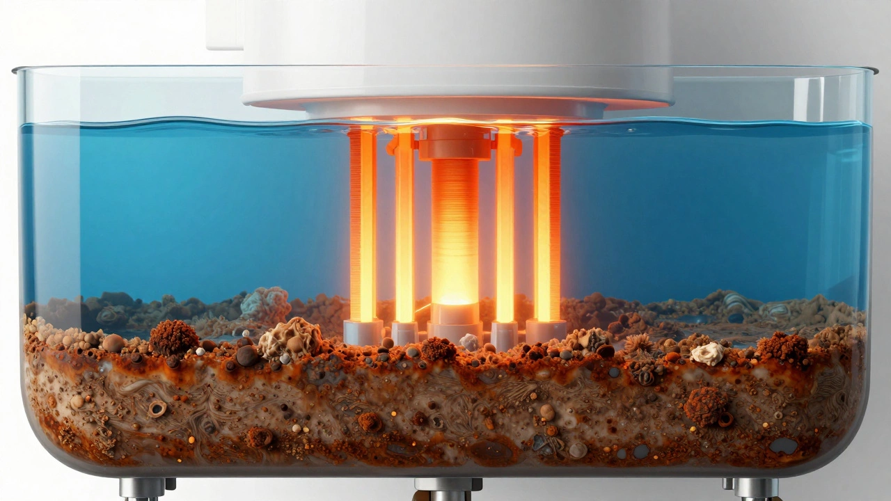 Internal view of sediment buildup inside a water heater