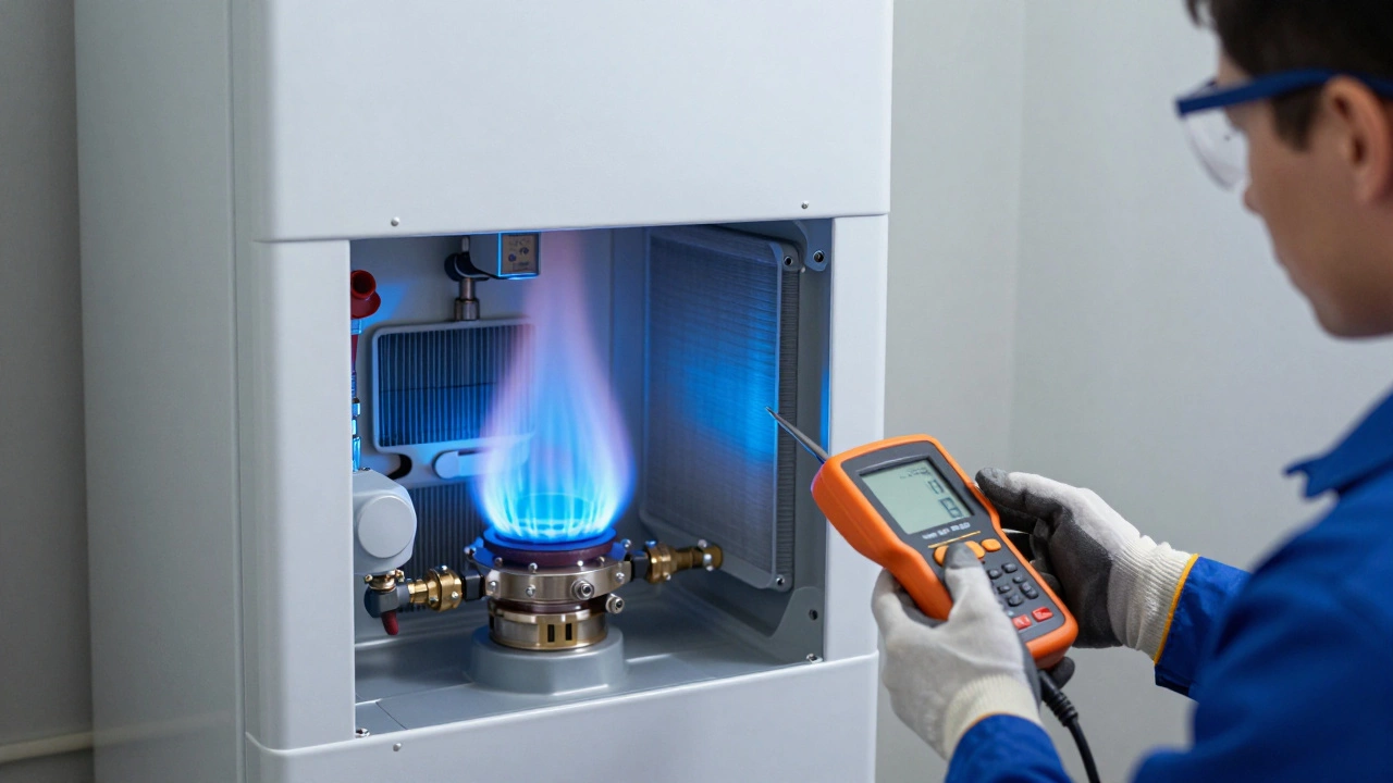 Technician servicing boiler internals with diagnostic tools