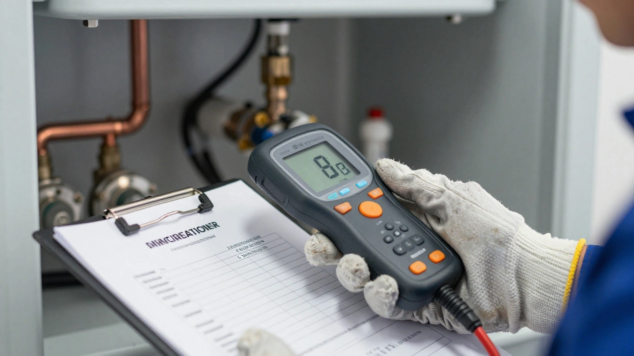 Technician using diagnostic tools on a newly installed gas boiler