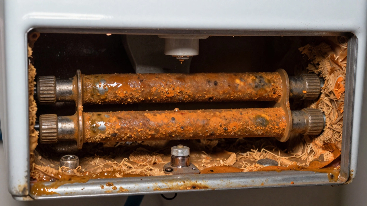 Water heater heating elements covered in thick sediment and mineral scale