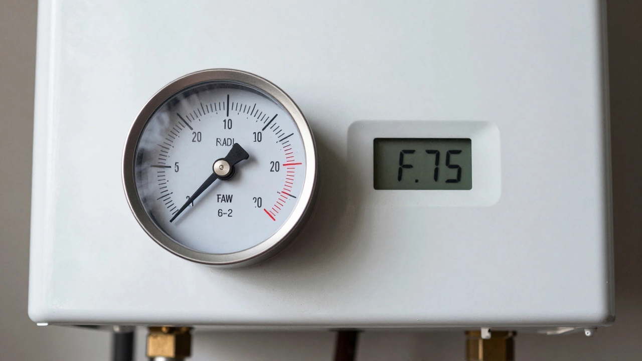 Boiler pressure gauge showing low pressure in red zone