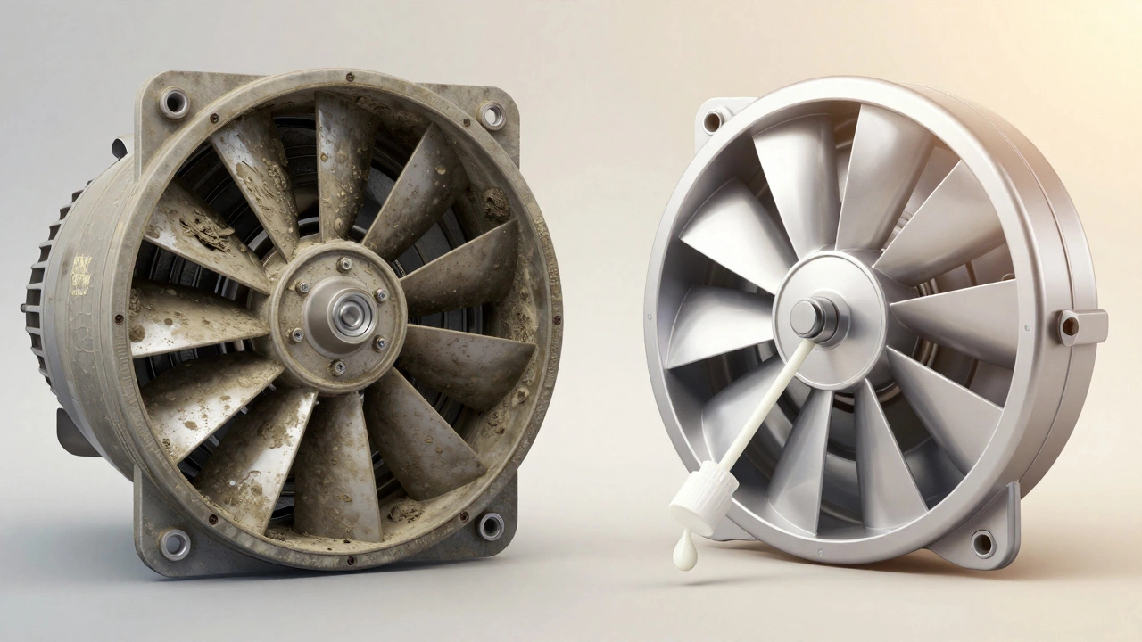 Comparison of dirty vs clean fan impeller with lubricant drop