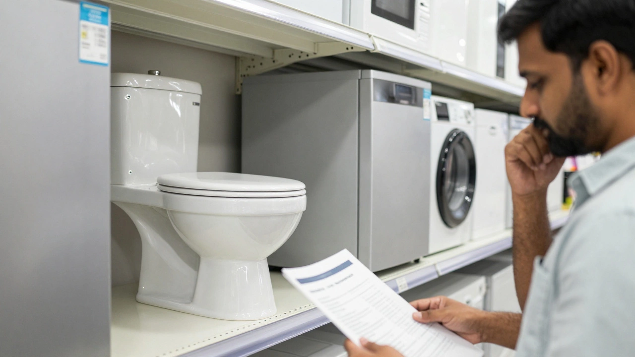 Confused shopper in store aisle comparing toilets and appliances while holding insurance paper.