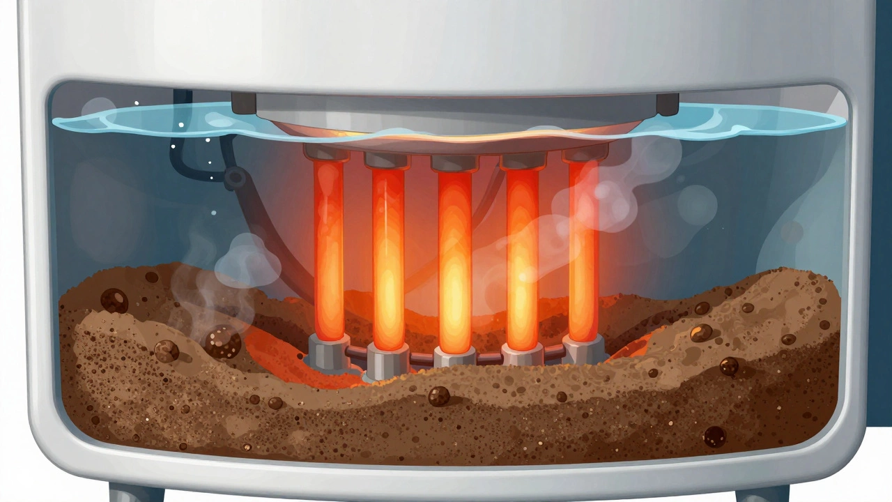 Cross-section showing sediment buildup trapping heating element
