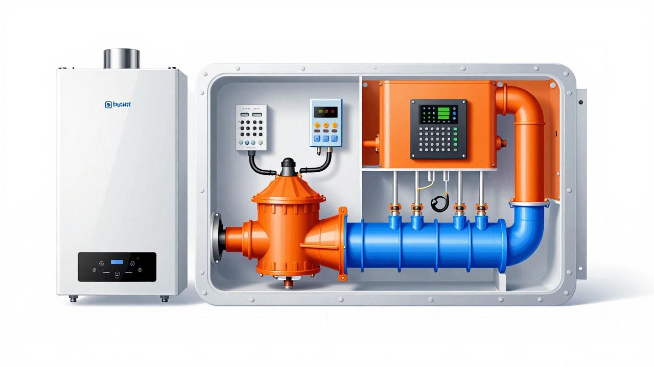 Detailed cutaway view of high-efficiency condensing boiler internals