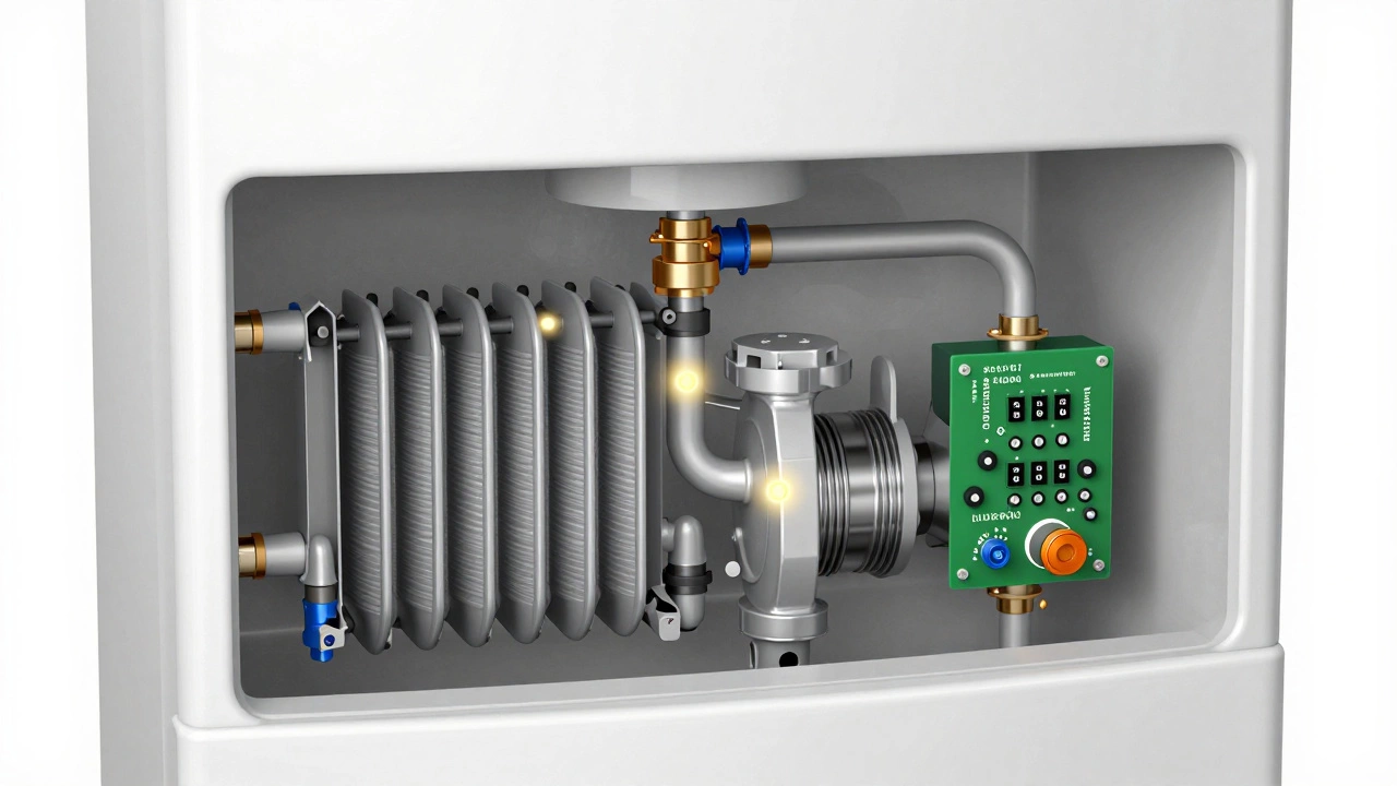 Detailed technical view of internal boiler components like pumps and heaters