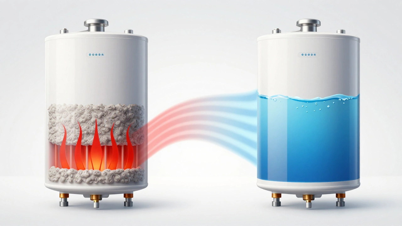 Diagram showing sediment buildup vs clean water heater tank