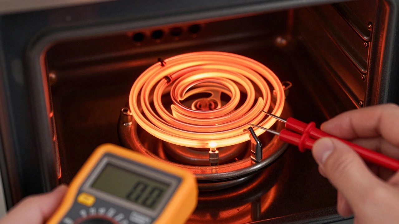 Glowing oven heating element being tested with a multimeter