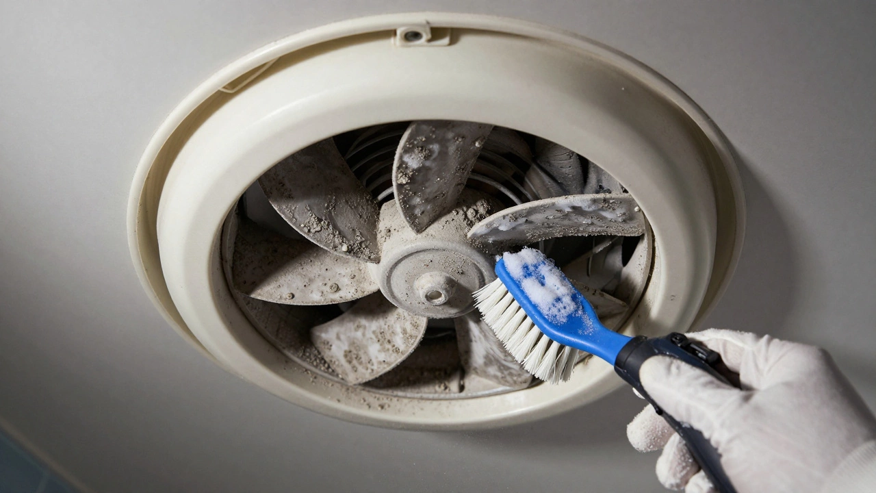 Hand cleaning dusty bathroom fan blades with brush and soap
