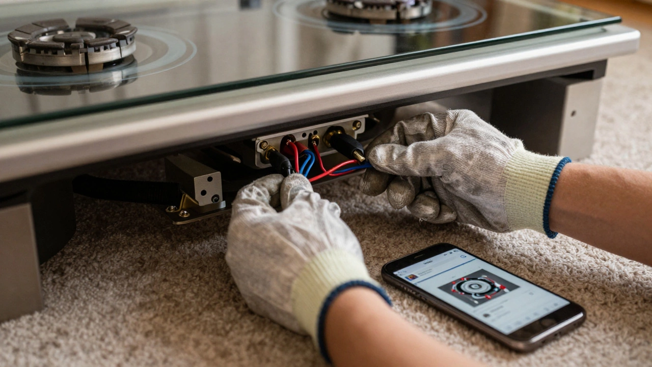 Hands disconnecting wires under an electric hob