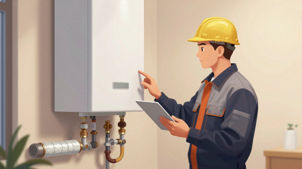 Heating engineer inspecting boiler and condensate pipe
