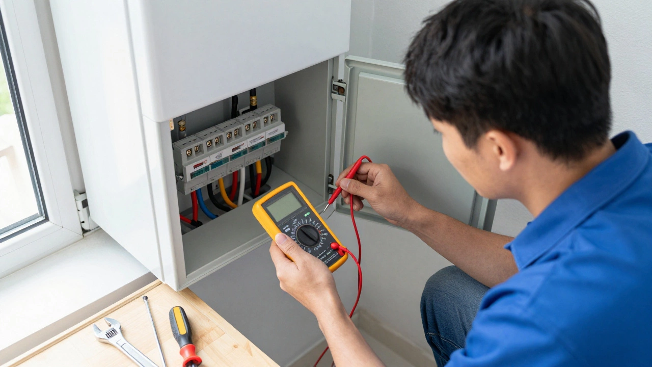 Homeowner testing water heater element with multimeter