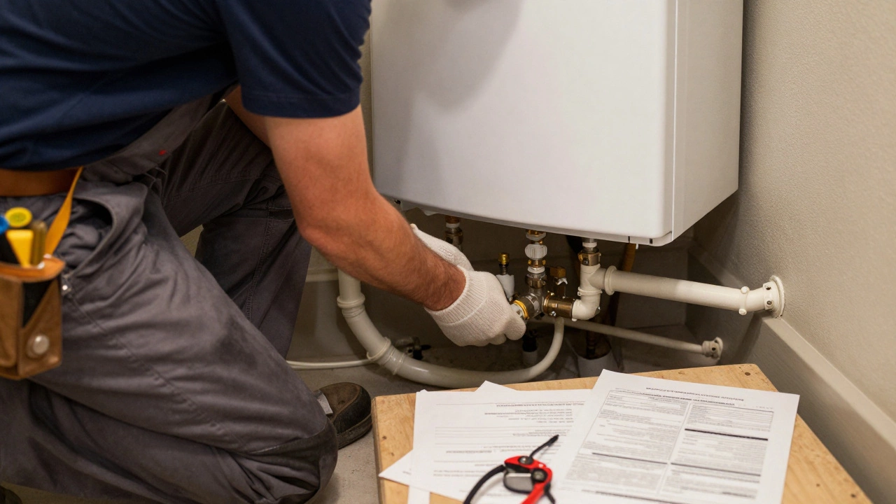HVAC technician installing new boiler and ventilation pipes in basement