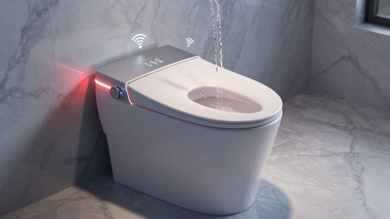 Modern smart toilet with glowing digital controls and flowing water in a luxury bathroom.