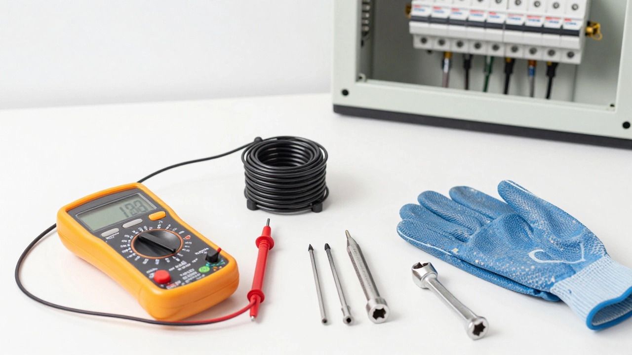 Multimeter, screwdrivers, and gloves for hob repair
