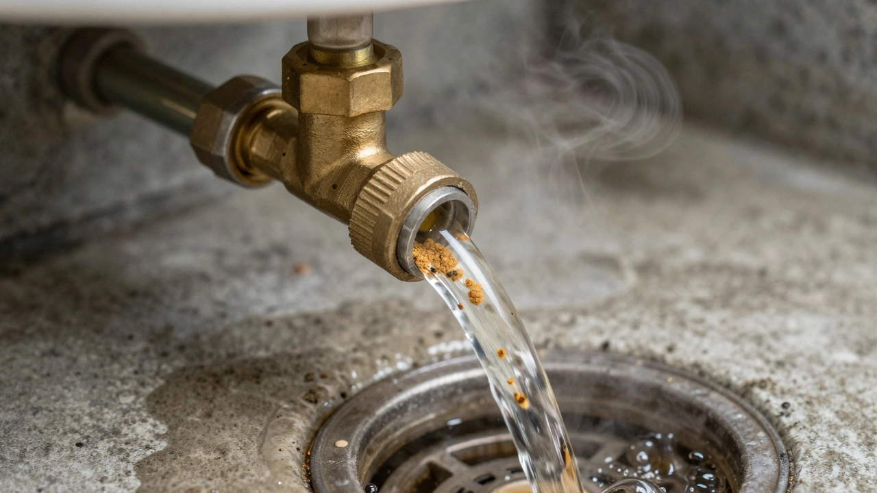 Sediment-laden water draining from water heater via hose