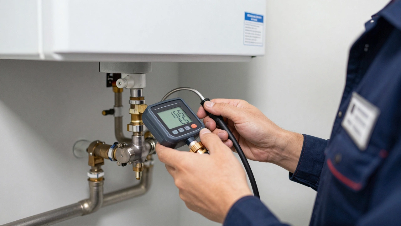 Technician using a gas analyzer to service a boiler professionally
