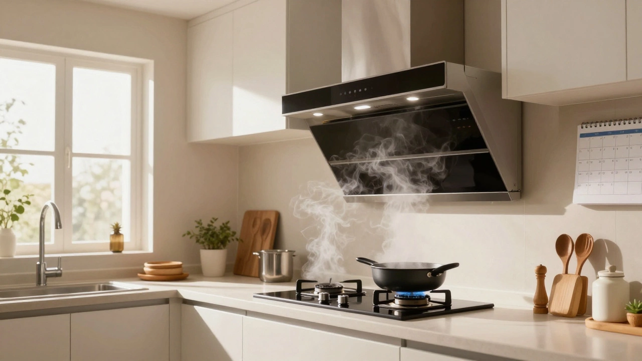 Clean kitchen with working extractor fan removing steam