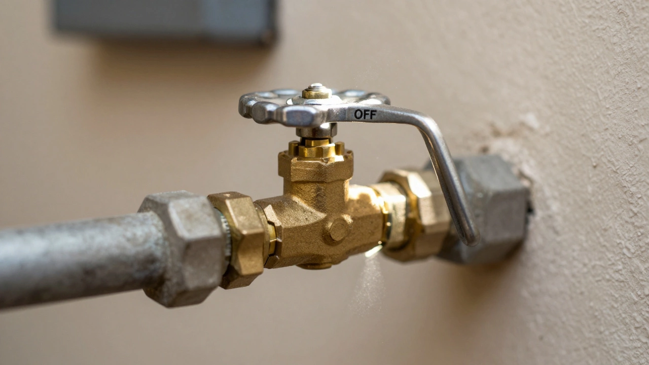 Close up of gas valve handle turned perpendicular to pipe