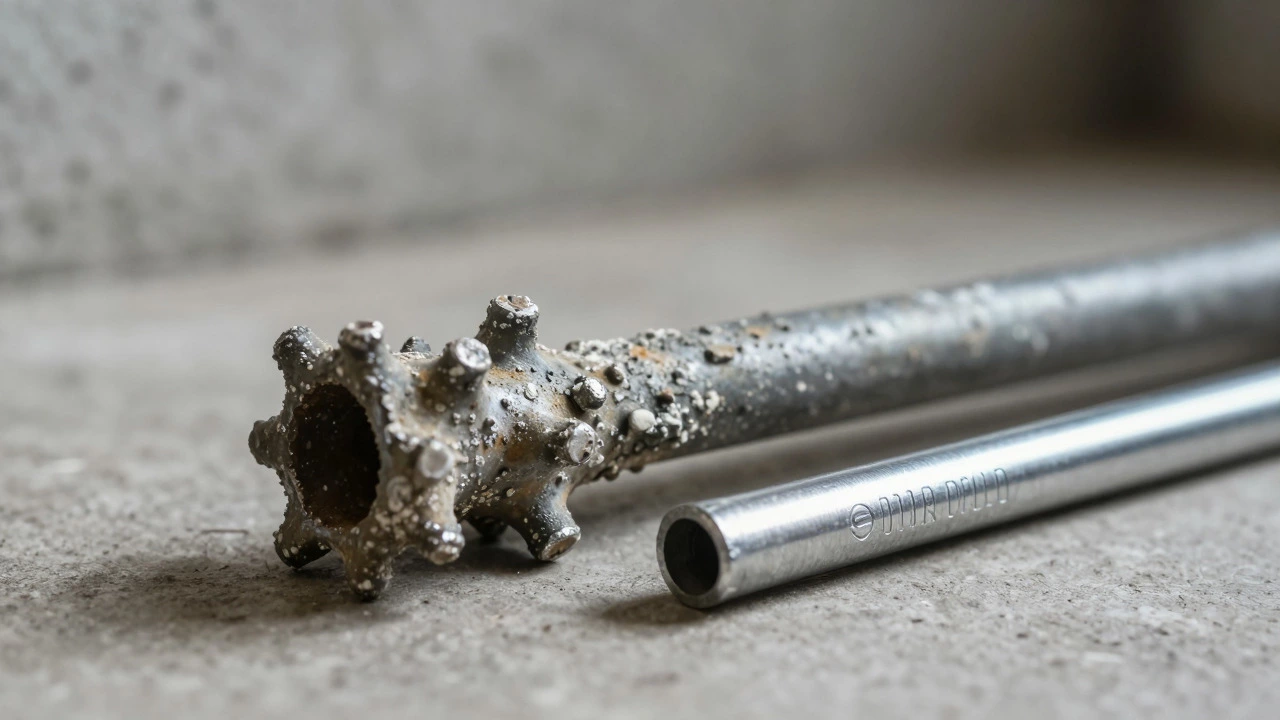 Corroded anode rod compared to a new one, showing wear and tear.