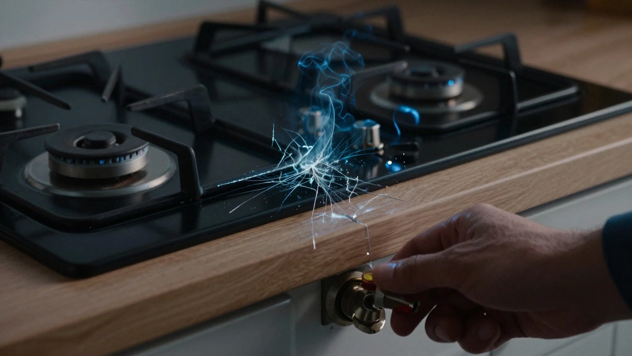 Cracked gas hob glass top with hand turning off gas valve