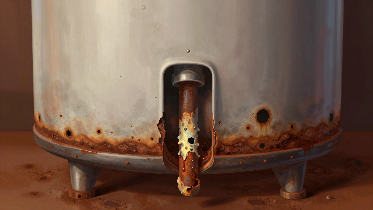 Cross-section showing internal tank corrosion and leaks